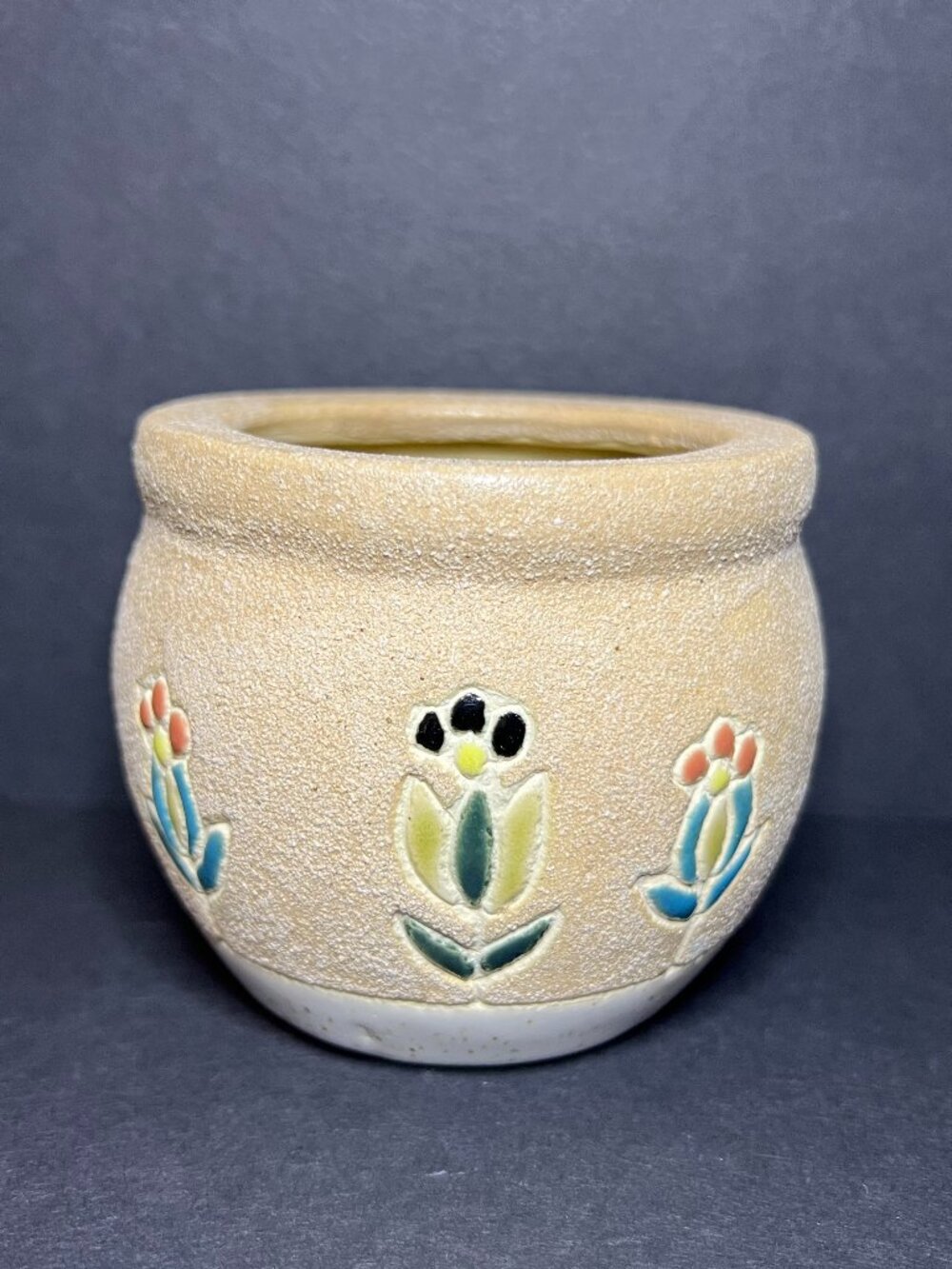 Small Beige Stoneware Ceramic Multicolor Floral Pattern Flower Pot Planter 3"